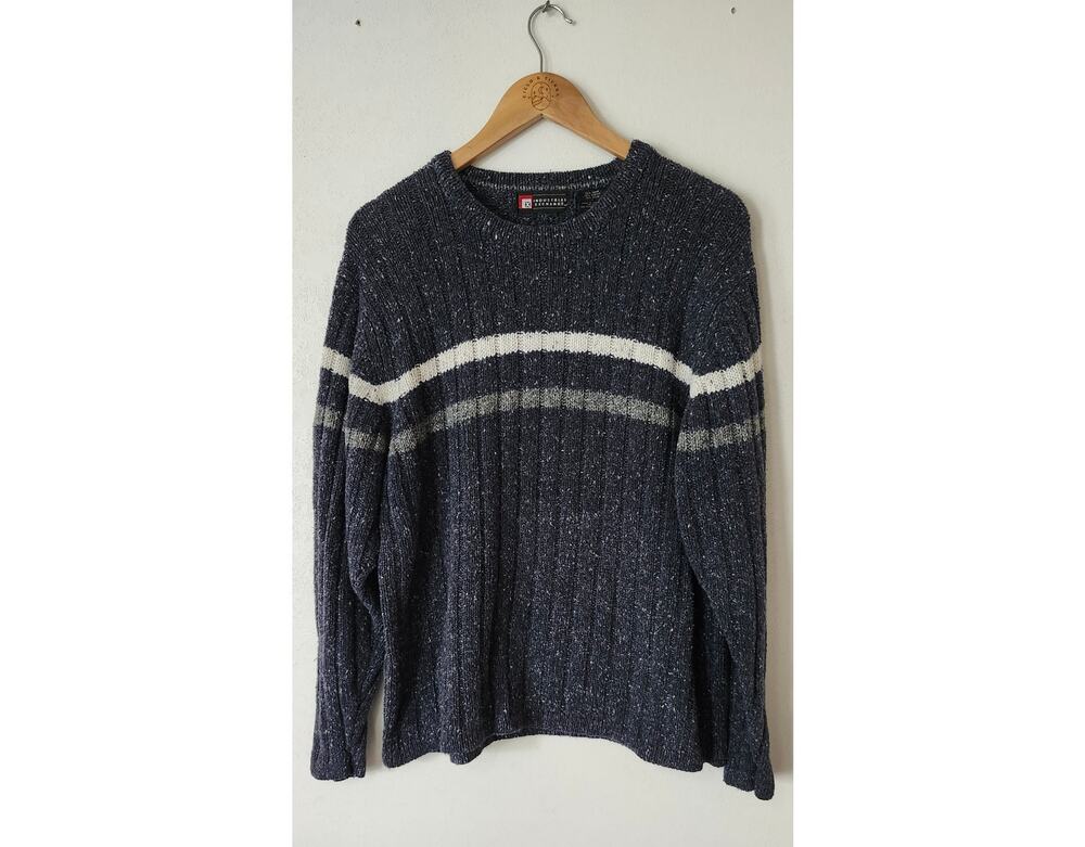 Vintage Industrial Exchange Y2K Knit Sweater Men's L XL Navy Striped Crewneck